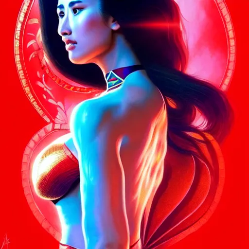 Image similar to heart evangelista as darna, volumetric lights, red and cyan theme, art nouveau botanicals, intricate, highly detailed, digital painting, artstation, concept art, smooth, sharp focus, cinematic, illustration, beautiful face, art by artgerm and greg rutkowski and alphonse mucha