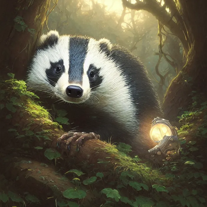 Image similar to highly detailed portrait of a cute badger, unreal engine, fantasy art by greg rutkowski, loish, rhads, ferdinand knab, makoto shinkai and lois van baarle, ilya kuvshinov, rossdraws, tom bagshaw, alphonse mucha, global illumination, radiant light, detailed and intricate environment