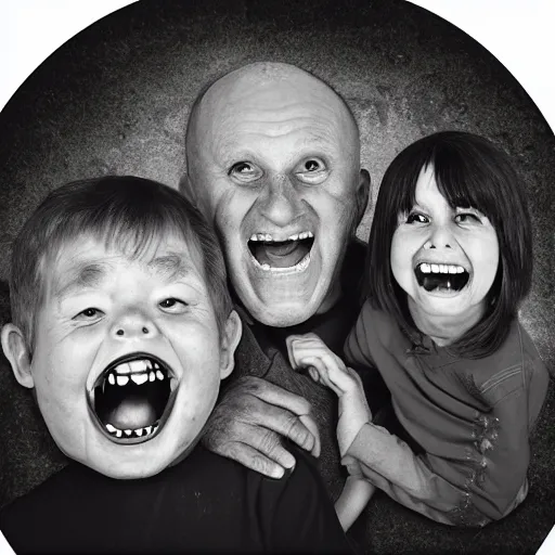 Image similar to family portrait studio of ugly family big rond eyes bad rotten teeth and smile, horrible scary family laughter by Chris Cunningham, mountain landscape background,, very detailed, grainy image