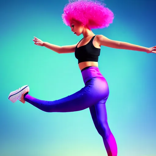 Image similar to a award winning full body shot of a beautiful woman in a croptop and leggings with a ombre purple pink teal hairstyle with head in motion and hair flying, outrun, vaporware, vivid colors, highly detailed, fine detail, intricate