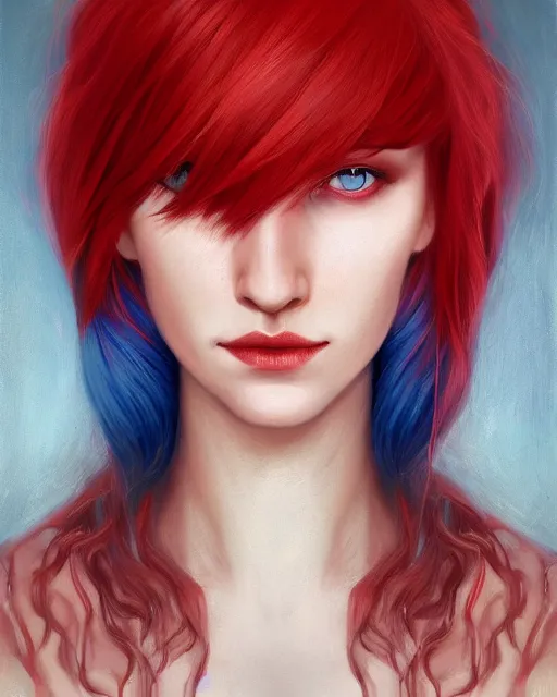 Image similar to A detailed matte oil on canvas head on symmetrical portrait of a distinguished elven woman with red and blue hair on an empty background, by Charlie bowater, Wlop, trending on artstationhd, dungeons and dragons art, parted hair , half blue, half red , split dye, critical role