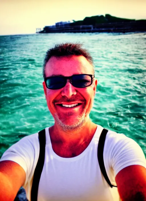 Image similar to iphone selfie of a man on the boardwalk with the ocean in the background