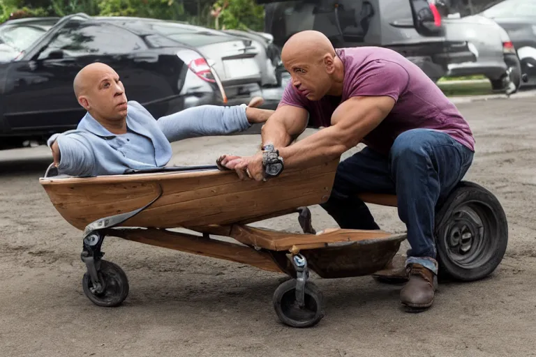 Image similar to Vin Diesel driving a wheelbarrow