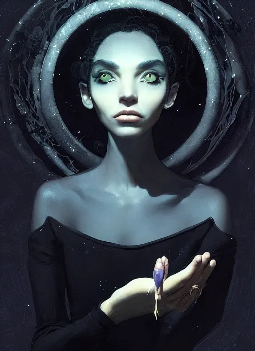 Image similar to close picture of a black dress witch researching about the azathoth, model pose, very brightening eyes, huge magic circles on the hand, magic and fantasy, extremely beautiful and aesthetic and detailed cute face, specular reflection, occlusion shadow, intricate, masterpiece, by ilya kuvshinov and jeremy lipking and quentin mabille