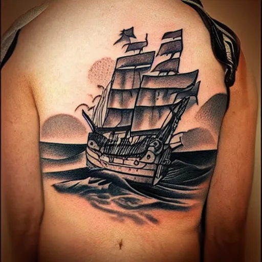 Image similar to a pirate ship sailing in the sea realism tattoo design on white background, by Matteo Pasqualin tattoo artist