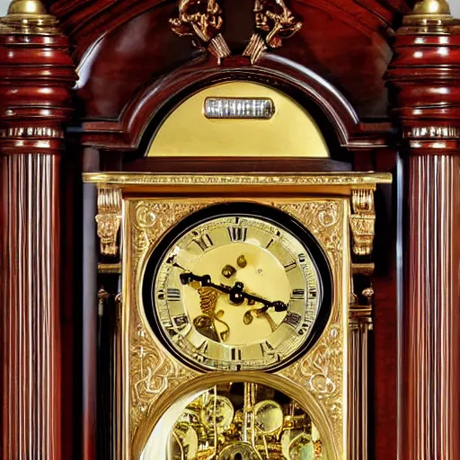 Image similar to photo of a grandfather clock with a gold-colored human face coming out of the front