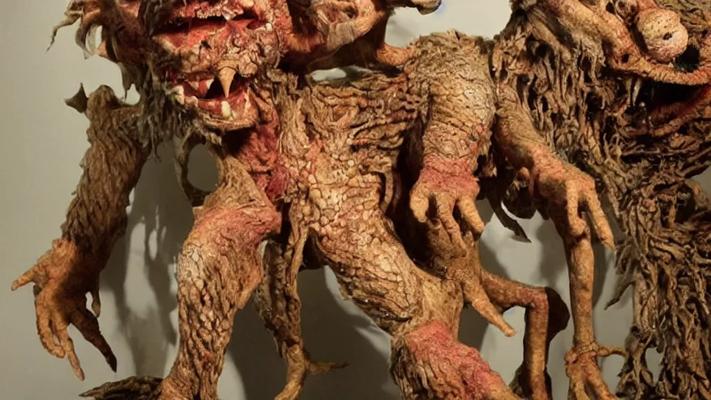 Prompt: A cinematic sculpture of a cute by scary monster with scaly skin and crazy hair by Rick Baker and Chris Walas.