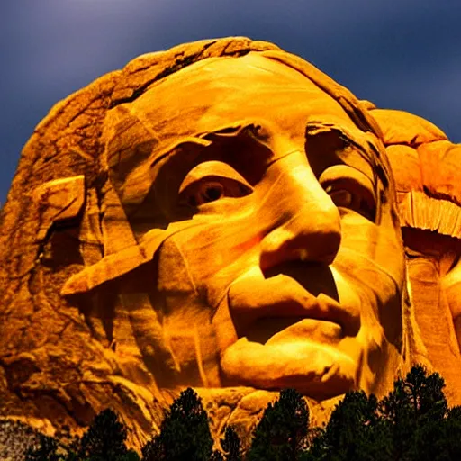 Prompt: A pumpkin carved as Mount Rushmore with four faces, trending, high-detail photography