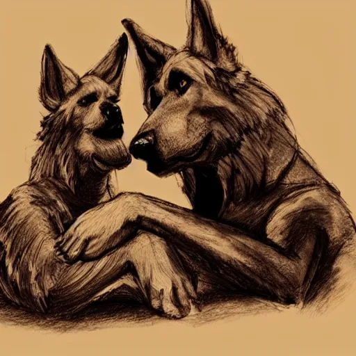 Image similar to two humanoid german shepherds beast - men, sitting on a couch and hugging together, artstation, concept art, smooth, sharp foccus ilustration, artstation