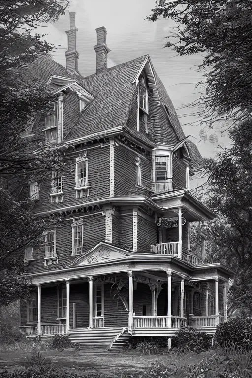 Prompt: line art of the amityville horror house, highly detailed, photorealistic, artstation, smooth, sharp focus, illustration, unreal engine 5, 8 k, art by art by artgerm and greg rutkowski and edgar maxence