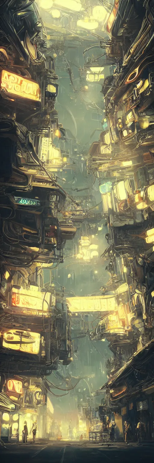 Image similar to beautiful low angle painting of an alien world with sleek architecture in the style of junji ito, steampunk, ultra detailed, broken neon signs, a tiny girl watching on, elegant, artstation, dramatic lighting, glowing light and shadows, trending on artstation, octane render