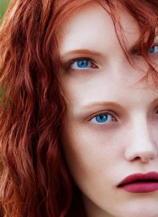 Image similar to close up portrait photograph of a thin young redhead woman with russian descent, sunbathed skin, with deep blue eyes. Wavy long maroon colored hair. she looks directly at the camera. Slightly open mouth, face takes up half of the photo. a park visible in the background. 55mm nikon. Intricate. Very detailed 8k texture. Sharp. Cinematic post-processing. Award winning portrait photography. Sharp eyes.