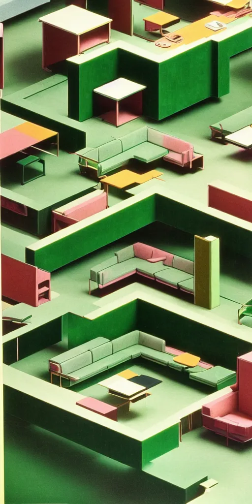 Image similar to huge sprawling gargantuan angular dimension of infinite indoor landscape 7 0 s green velvet and wood with metal office furniture. surrealism, mallsoft, vaporwave. muted colours, 7 0 s office furniture catalogue, shot from above, endless, neverending epic scale by escher and ricardo bofill