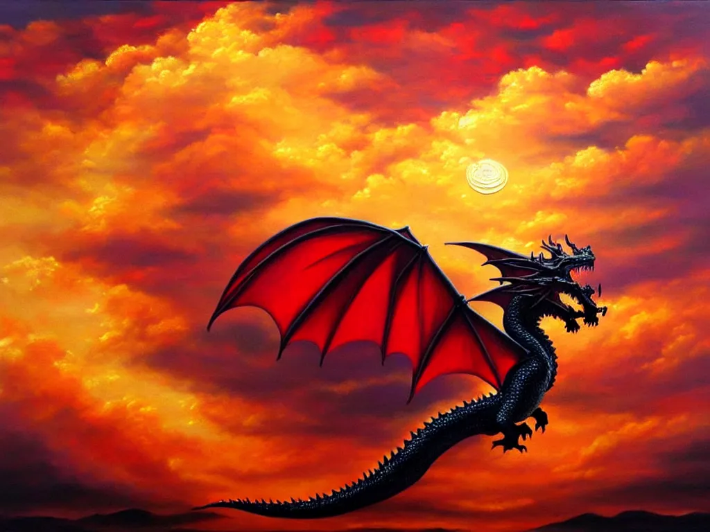 Image similar to A dragon made of rubies and gold flying in sunset clouds, realistic oil painting