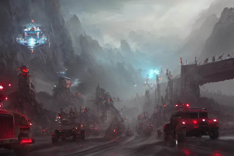 Prompt: a convoy of programmers are marching to chinese palace, big red dragon flying above them, dark atmosphere, light above palace, digital art, trending on artstation