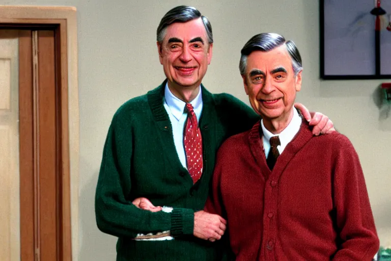 Prompt: A photography of Mr. Rogers standing next to Mr. Bean