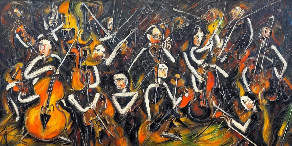 Image similar to an ultra detailed oil painting which interprets the harmony of a symphony, instruments, orchestra, sheet music, pierre soulages, jackson pollock, triadic color scheme