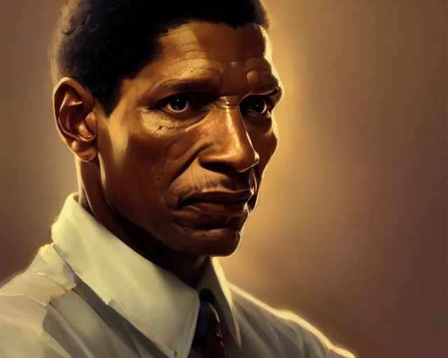 Image similar to mindblowing portrait of medgar evers, deep focus, beautiful, highly detailed, digital painting, artstation, concept art, matte, sharp, illustration, hearthstone, art by artgerm and greg rutkowski and alphonse mucha