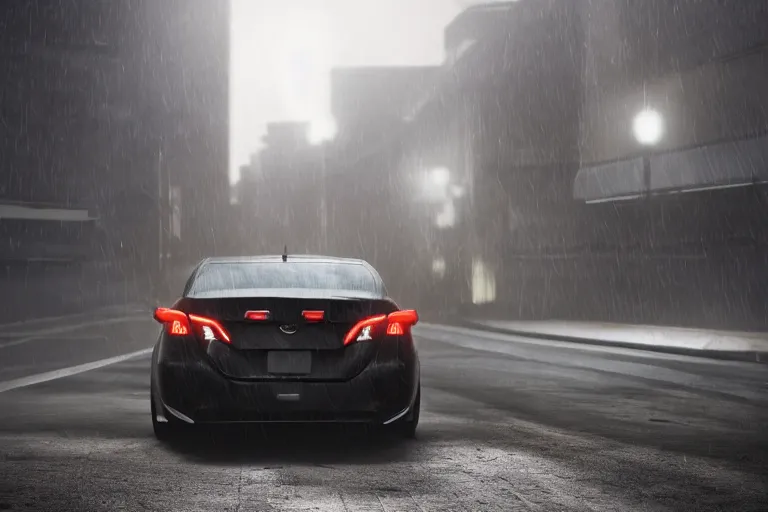 Prompt: black Nissan Altima 2022. Altima GT modified large wing big front lip hood scoop car racing on dimly lit street overcast skies raining headlights illuminating road, volumetric lighting cinematic vray photo muted colors dark cinematic. dark photo. front side view uncropped centered. artstation trending dramatic harsh lighting low exposure, motion blur, dof