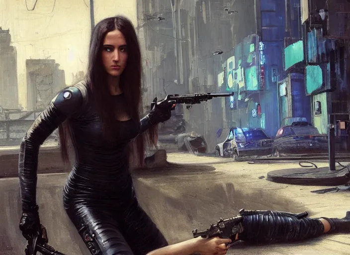 Prompt: Maria evades sgt Nash. Cyberpunk hacker in jumpsuit escaping menacing police troopers (blade runner 2049). beautiful face. flip. Iranian orientalist portrait by john william waterhouse and Edwin Longsden Long and Theodore Ralli and Nasreddine Dinet, oil on canvas. Cinematic, hyper realism, realistic proportions, dramatic lighting, high detail 4k