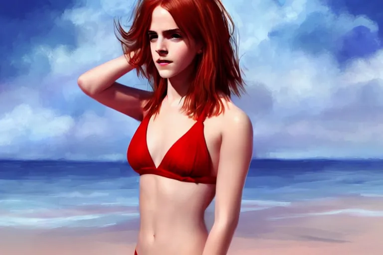 Image similar to Red-haired beauty Emma Watson in a bikini, full body, full height , highly detailed, mid-shot ,pixiv , digital painting , concept art