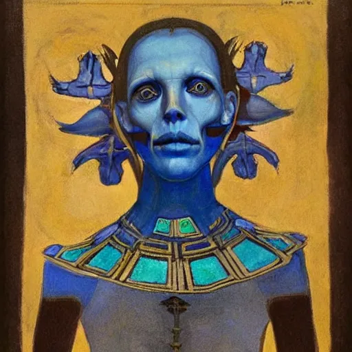 Image similar to the bone crown, by Annie Swynnerton and Nicholas Roerich and Diego Rivera, blue skin, elaborate costume, iridescent beetles, geometric ornament, rich color, dramatic cinematic lighting, smooth, sharp focus, extremely detailed