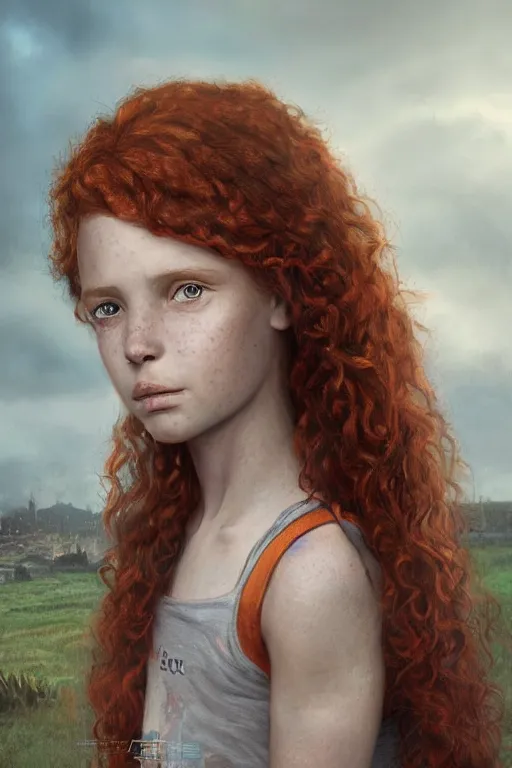 Prompt: a digital matte painting of an young girl, with curly red hair, freckles, and pensive look, by magali villeneuve