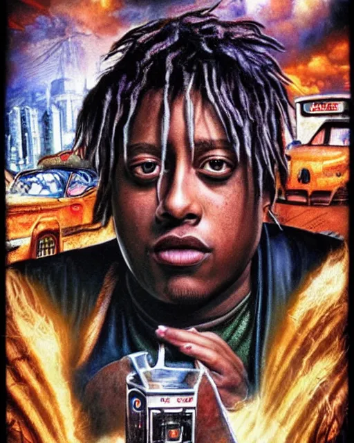 Image similar to juice wrld in dystopian twisted metal post apocalpytic, airbrush, drew struzan illustration art, key art, movie poster