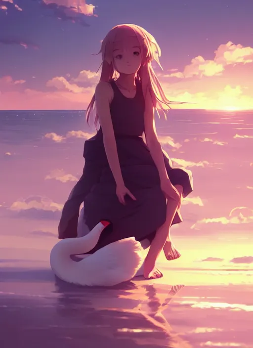 Prompt: portrait of cute girl hugging a swan, sunset sky in background, beach landscape, illustration concept art anime key visual trending pixiv fanbox by wlop and greg rutkowski and makoto shinkai and studio ghibli and kyoto animation, futuristic wheelchair, symmetrical facial features, future clothing, backlit