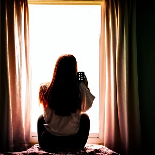 Image similar to teenage girl sitting at bedroom window staring down at her phone, a mushroom cloud outside lights the side of her face, intimate, dark, surreal photography