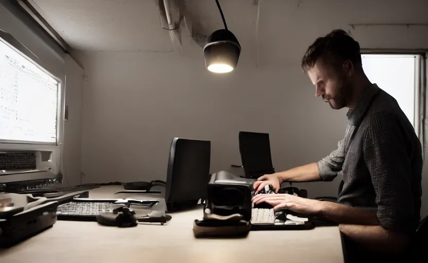 Image similar to man sitting facing away, working in dark radio booth, one single lamp, dingy, keyboard, door to lab, sweaty, tannoy, strange