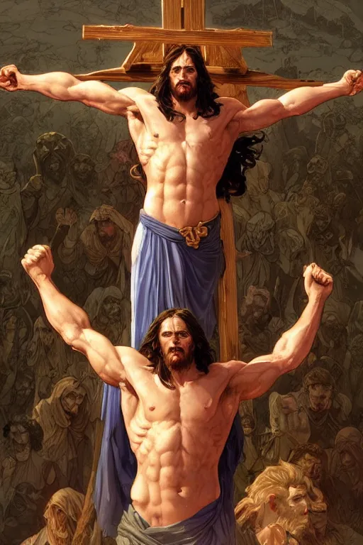 Image similar to crucified hulking herculean ogre jesus christ, masterpiece, intricate, elegant, highly detailed, digital painting, artstation, concept art, smooth, sharp focus, illustration, art by artgerm and greg rutkowski and alphonse mucha and uang guangjian and gil elvgren and sachin teng, symmetry!!