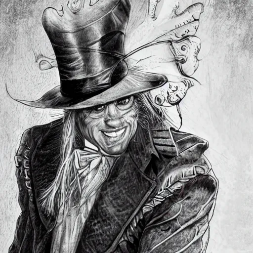 Image similar to Jim Carrey as mad hatter. epic game portrait. Highly detailed. D&D art by Michelangelo