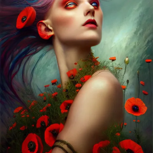 Image similar to unique non-conventional beautiful goddess of poppy, surreal, fantasy, intricate, elegant, dramatic lighting, emotionally evoking symbolic metaphor, highly detailed, lifelike, photorealistic, digital painting, painterly, artstation, concept art, smooth, sharp focus, illustration, art by John Collier and Krenz Cushart and Artem Demura and Alphonse Mucha and Albert Aublet