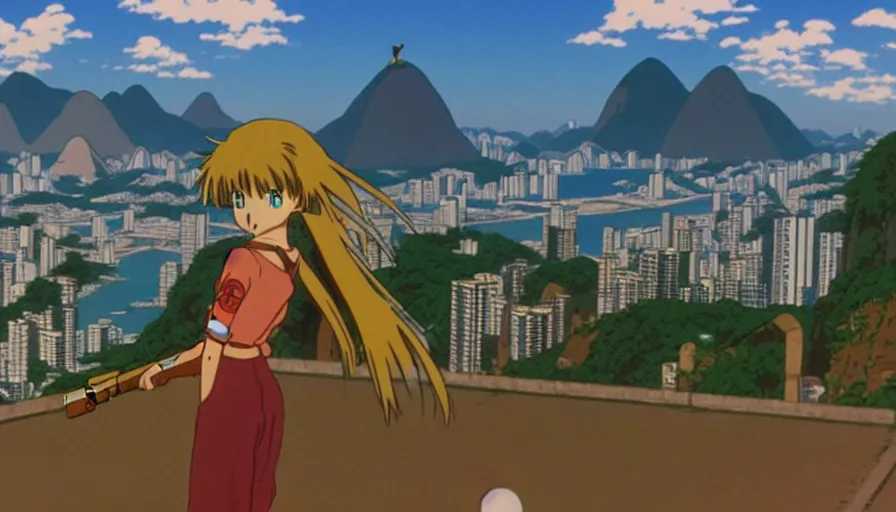 Image similar to 1 9 9 6 anime screencap of a girl with a gun on a rio de janeiro anime, by hayao miyazaki, studio ghibli, rio background extremely high quality artwork