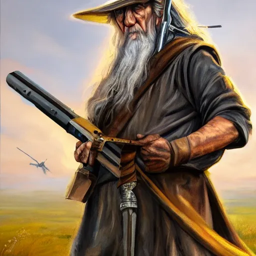 Prompt: gandalf shooting with an ar-15, oil painting, war, fire, dramatic, very detailed, trending on artstation, 4k