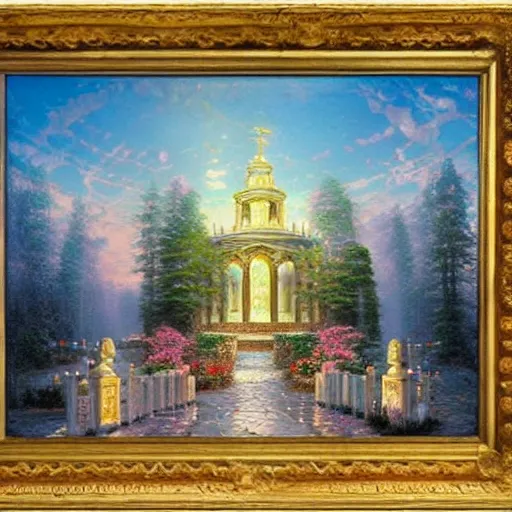 Prompt: The Temple of all Religions painting by Thomas Kinkade