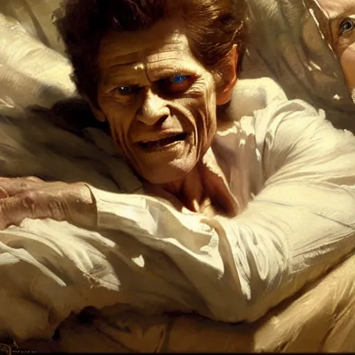 Prompt: willem dafoe is in his bed, nervous and terrified, because betty white from hell is attacking him. highly detailed painting by gaston bussiere, j. c. leyendecker, greg rutkowski, craig mullins 8 k