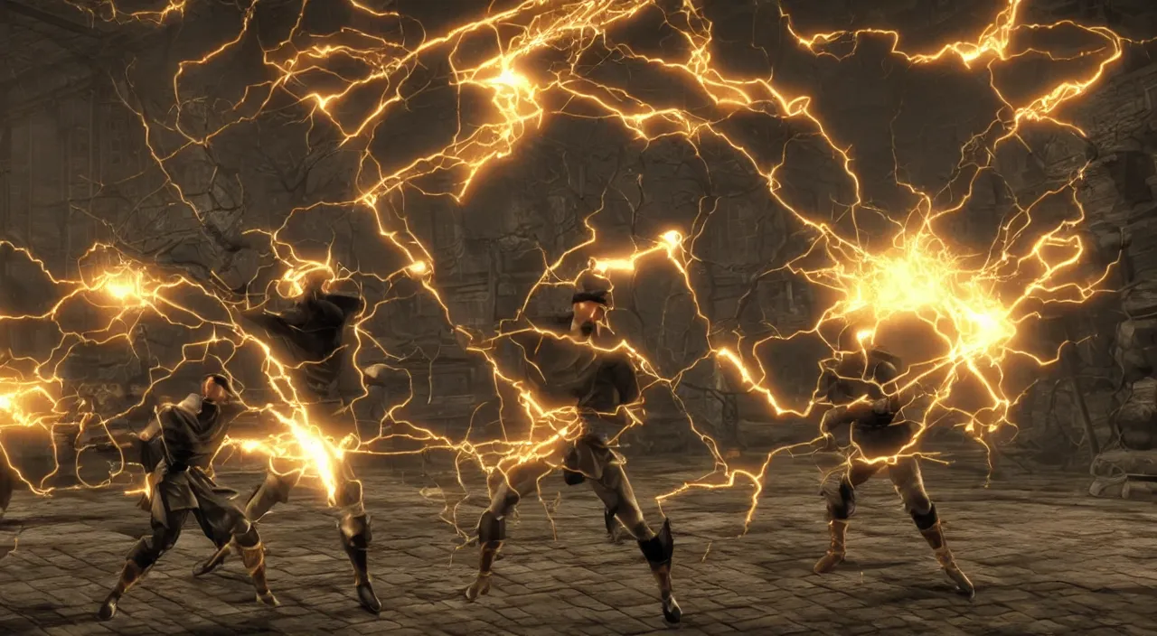 Image similar to nikola tesla vs thomas edison in a screenshot from the mortal kombat videogame