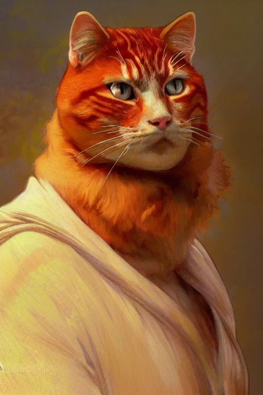 Image similar to painted portrait of rugged fat orange cat, masculine, powerful, handsome, upper body, white robe, fantasy, intricate, elegant, highly detailed, digital painting, artstation, concept art, smooth, sharp focus, illustration, art by gaston bussiere and alphonse mucha