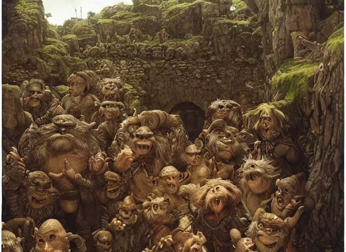 Image similar to jim henson's labyrinth. stone walls. a wrecking crew of five goblins. by edgar maxence and caravaggio and michael whelan and delacroix style, artistic, intricate painting, cinematic lighting, hyper realistic, extremely detailed, vivid colors, establishing shot, dramatic lighting