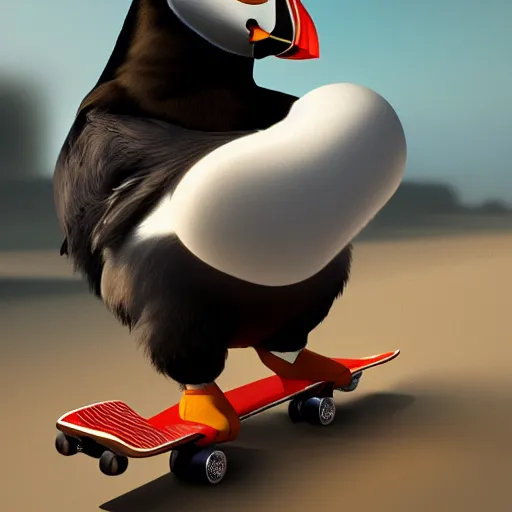 Image similar to puffin riding skateboard, cinematic, cinematic lighting, trending on Artstation, Cgsociety, detailed, 4k, very realistic