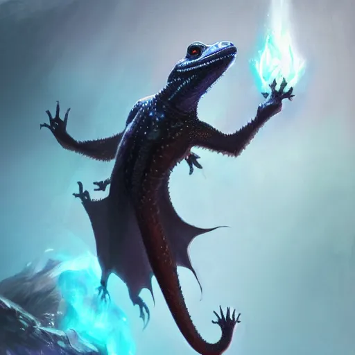 Prompt: Anthropomorphized Gecko casting epic spell, magic the gathering artwork, cloak, hat, D&D, fantasy, cinematic lighting, centered, symmetrical, highly detailed, digital painting, artstation, concept art, smooth, sharp focus, illustration, volumetric lighting, epic Composition, 8k, art by Akihiko Yoshida and Greg Rutkowski