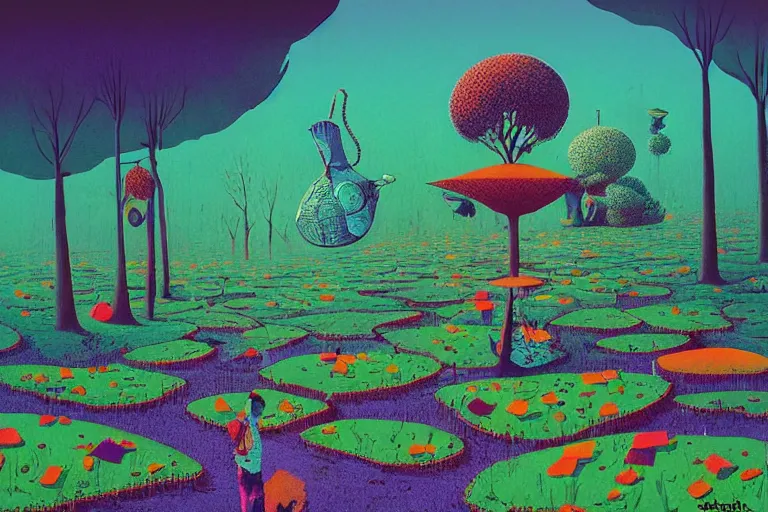 Prompt: surreal glimpse into other universe, hari merdeka, summer morning, very coherent and colorful high contrast, art by!!!! gediminas pranckevicius!!!!, geof darrow, floralpunk screen printing woodblock, dark shadows, hard lighting, stipple brush technique,