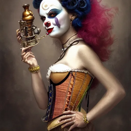 Image similar to photorealistic soft paint of a curiosities carnival, single beautiful clown in a full steampunk corset very long snakes hairs, symmetry accurate features, ominous depths, elegance, focus, rainbow lighting, very high details, award winning masterpiece, behance, by tom bagshaw