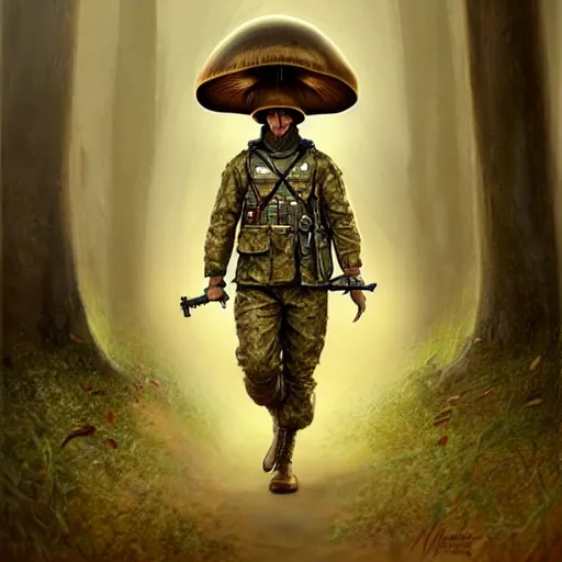 Prompt: mushroom man, military outfit, elegant intricate digital painting artstation concept art by mark brooks and brad kunkle detailed
