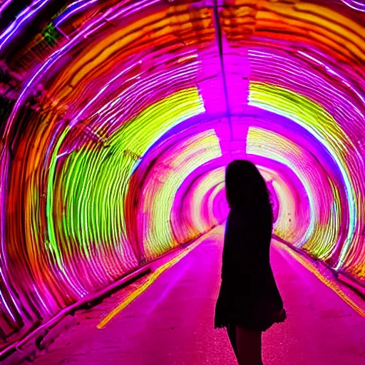 Image similar to woman on an acid trip through a tunnel, neon volumetric lights,