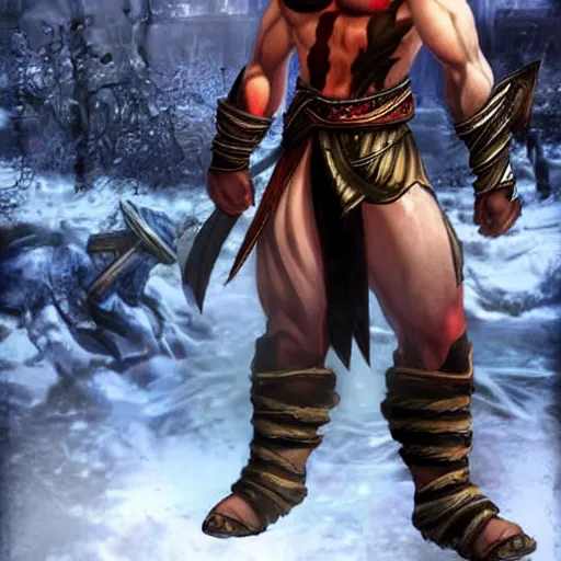 Image similar to Kratos as a character in the game League of Legends, with a background based on the game League of Legends, detailed face