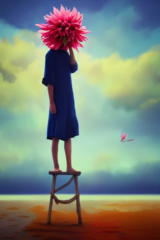 Prompt: closeup huge dahlia flower head, girl standing on beach, surreal photography, blue sky, sunrise, dramatic light, impressionist painting, digital painting, artstation, simon stalenhag