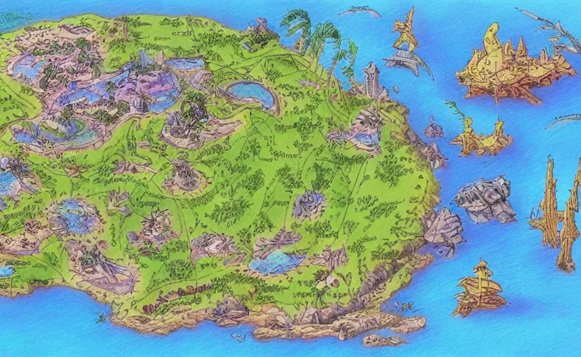 Prompt: futuristic fantasy island map, drawn with crayons, detailed